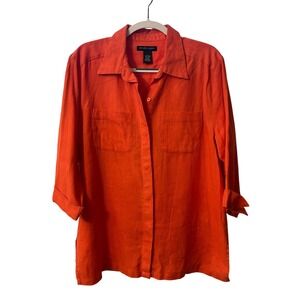 Goodclothes Linen Button Down Shirt‎ Long Sleeve Pockets Orange Large